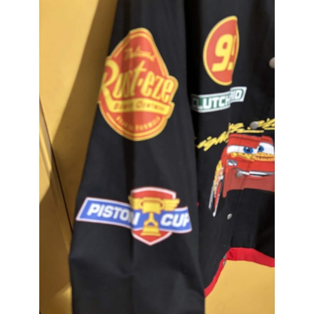 Disney Pixar Cars Lightning McQueen Varsity Jacket Mad Engine Black Red Medium